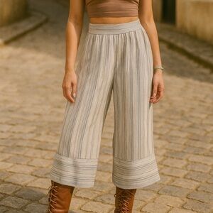 Land N Sea Blue White Linen Blend Strip Crop Wide Leg Nautical Pants Medium